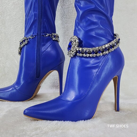 Lawless Bold Blue Stretch Leatherette Rhinestone Ankle Bracelet Thigh High Boots - Picture 17 of 17
